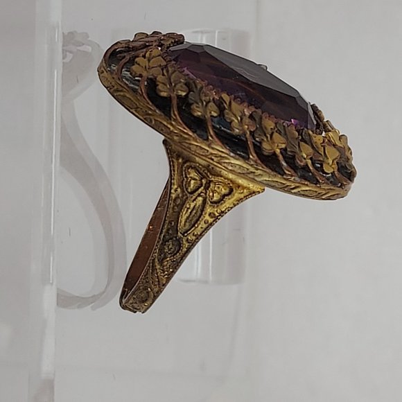 Victorian Brass Deep Purple colored Rhinestone Ring - Picture 2 of 13